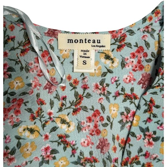 Monteau Brick Size S Womens Floral Summer Faux Wrap Top Ruffle Sleeve Blue Pink - Picture 5 of 9